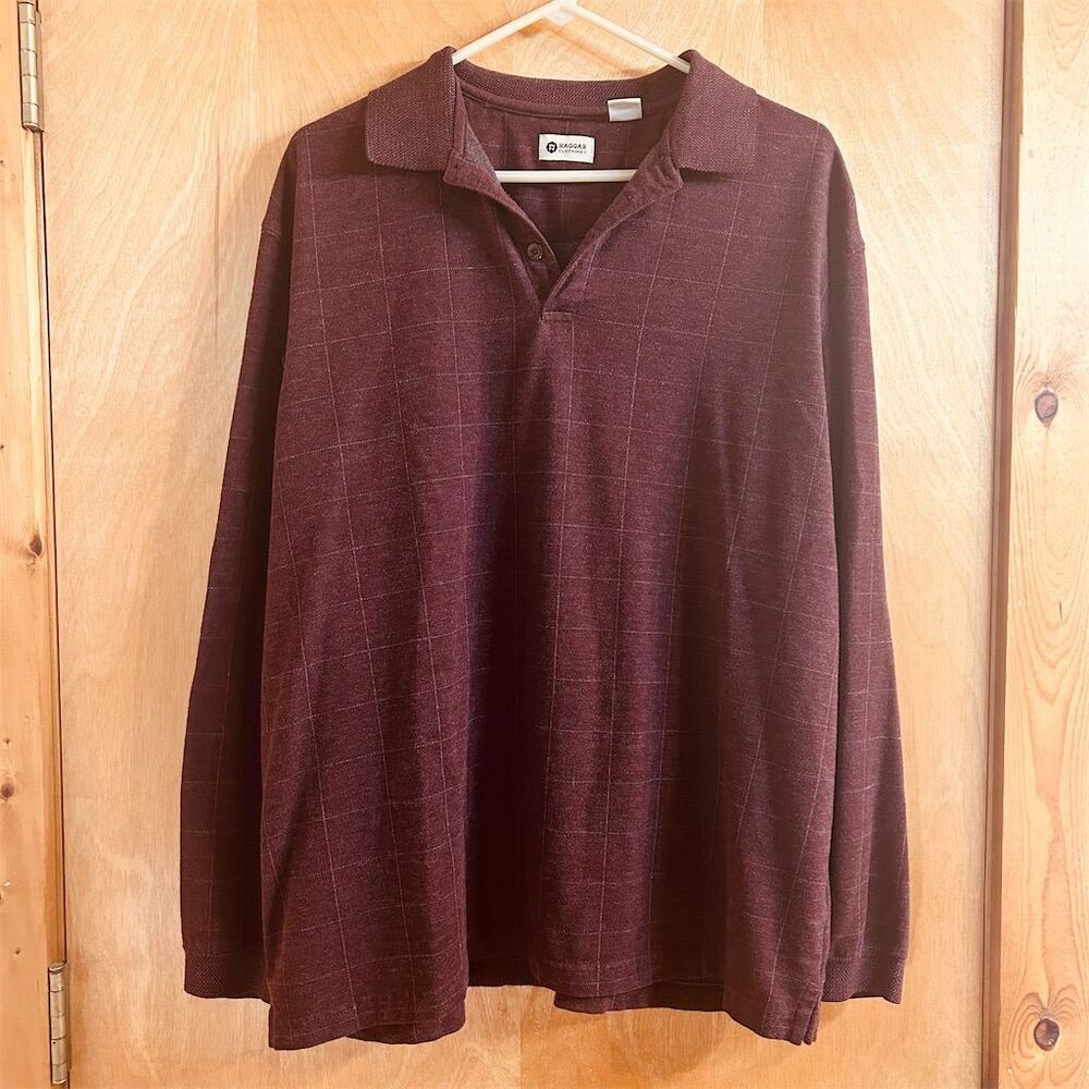 Haggar Men's XL Red Windowpane Long Sleeve Polo Shirt Casual